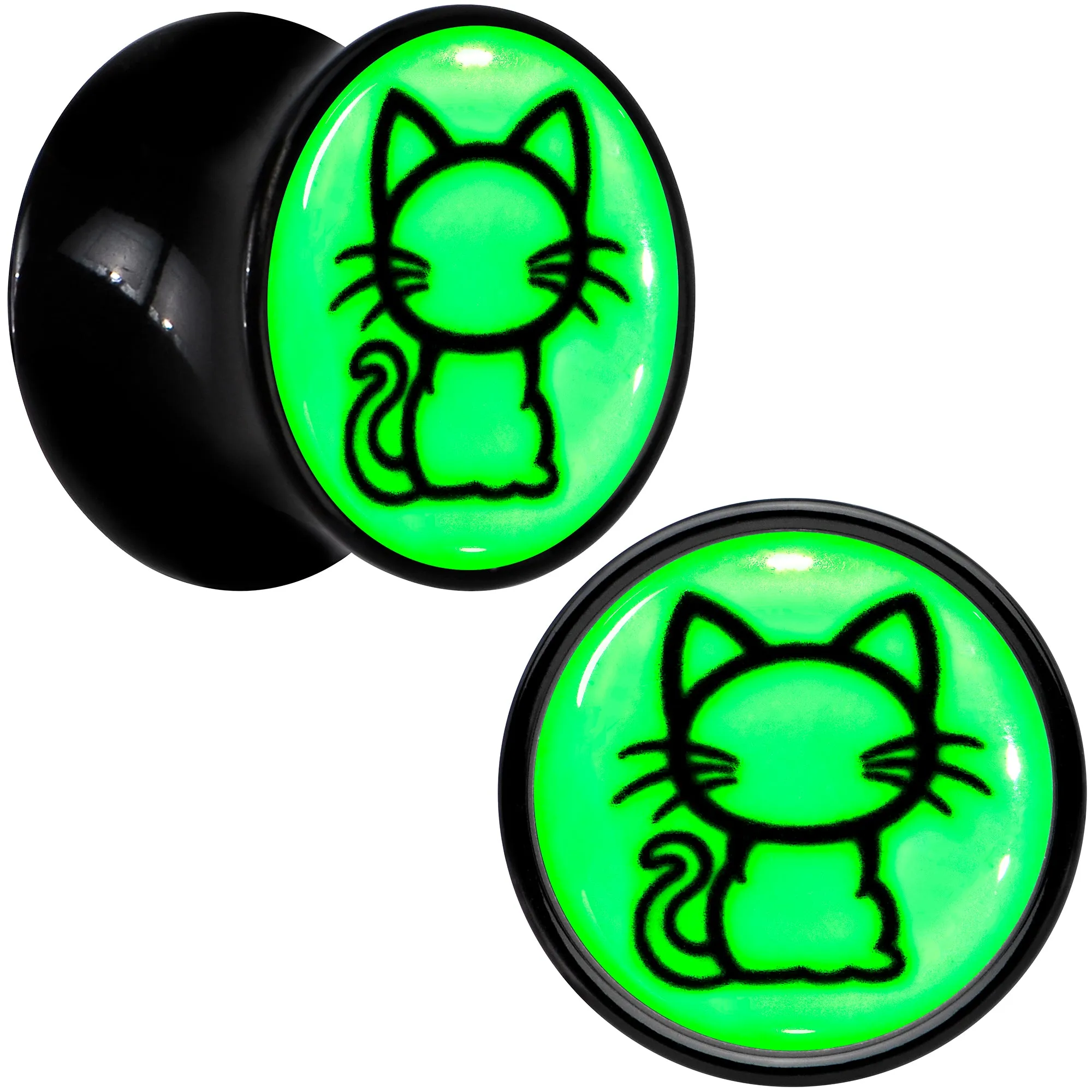 Glow in the Dark Kitty Cat Black Acrylic Saddle Plug Set 8mm to 20mm