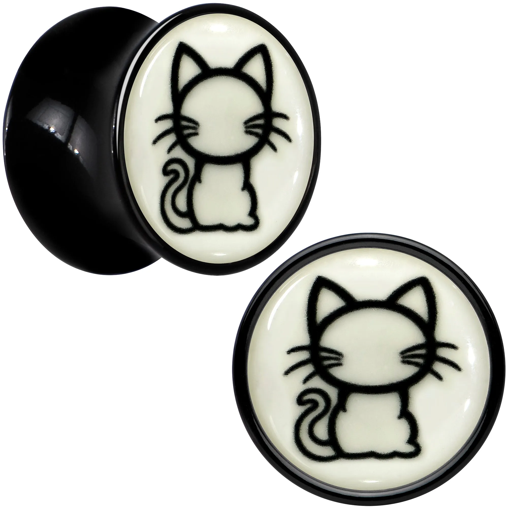 Glow in the Dark Kitty Cat Black Acrylic Saddle Plug Set 8mm to 20mm