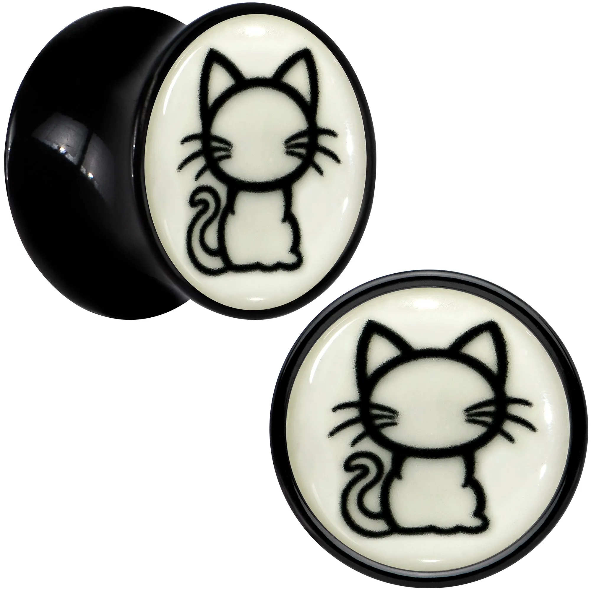 Glow in the Dark Kitty Cat Black Acrylic Saddle Plug Set 8mm to 20mm