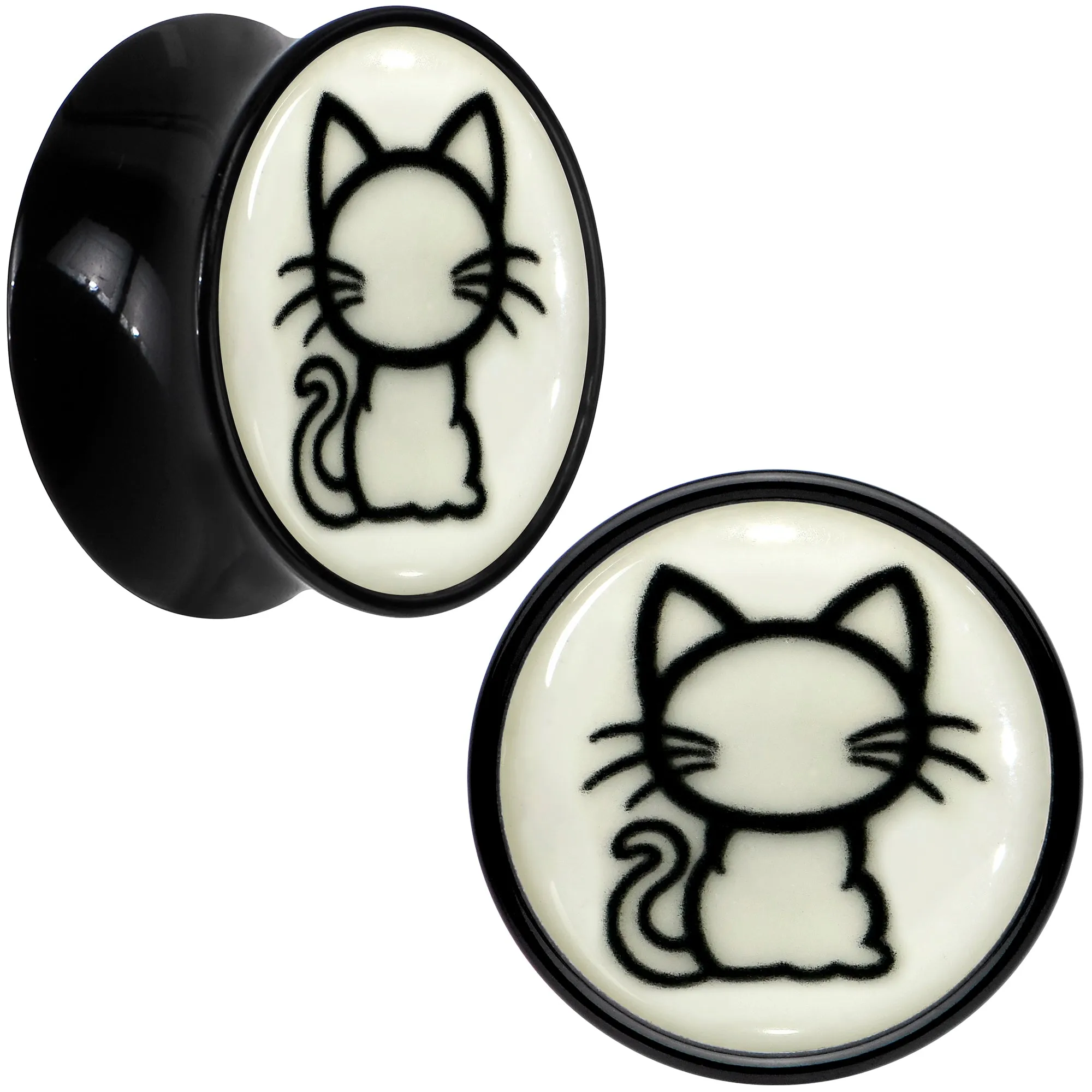 Glow in the Dark Kitty Cat Black Acrylic Saddle Plug Set 8mm to 20mm