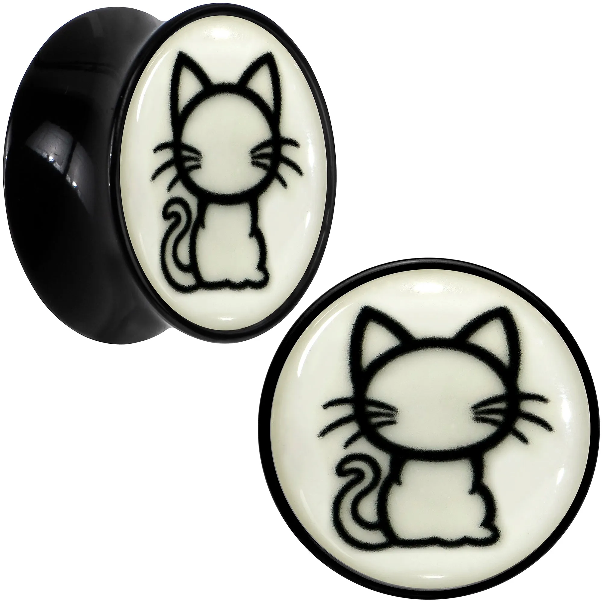 Glow in the Dark Kitty Cat Black Acrylic Saddle Plug Set 8mm to 20mm