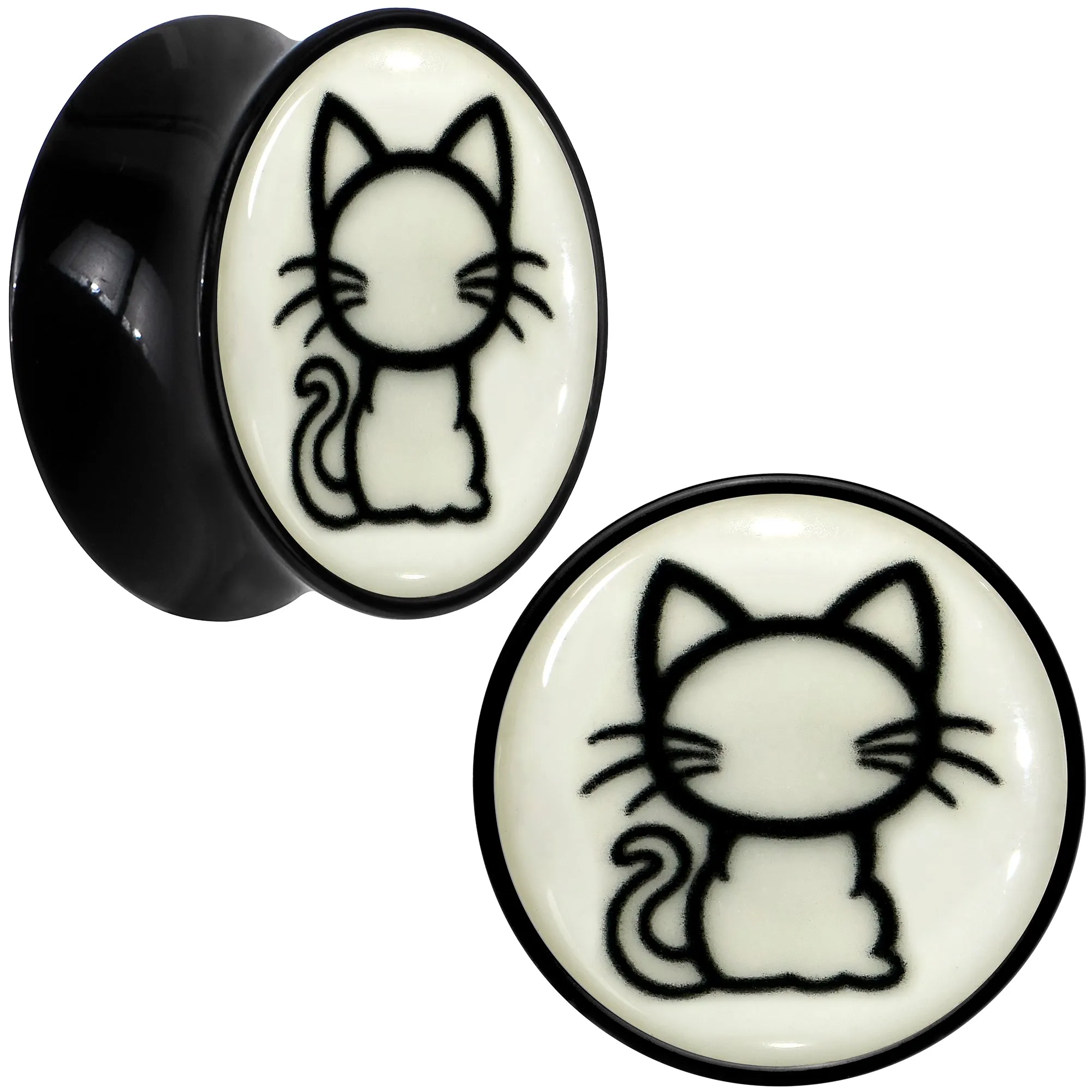 Glow in the Dark Kitty Cat Black Acrylic Saddle Plug Set 8mm to 20mm
