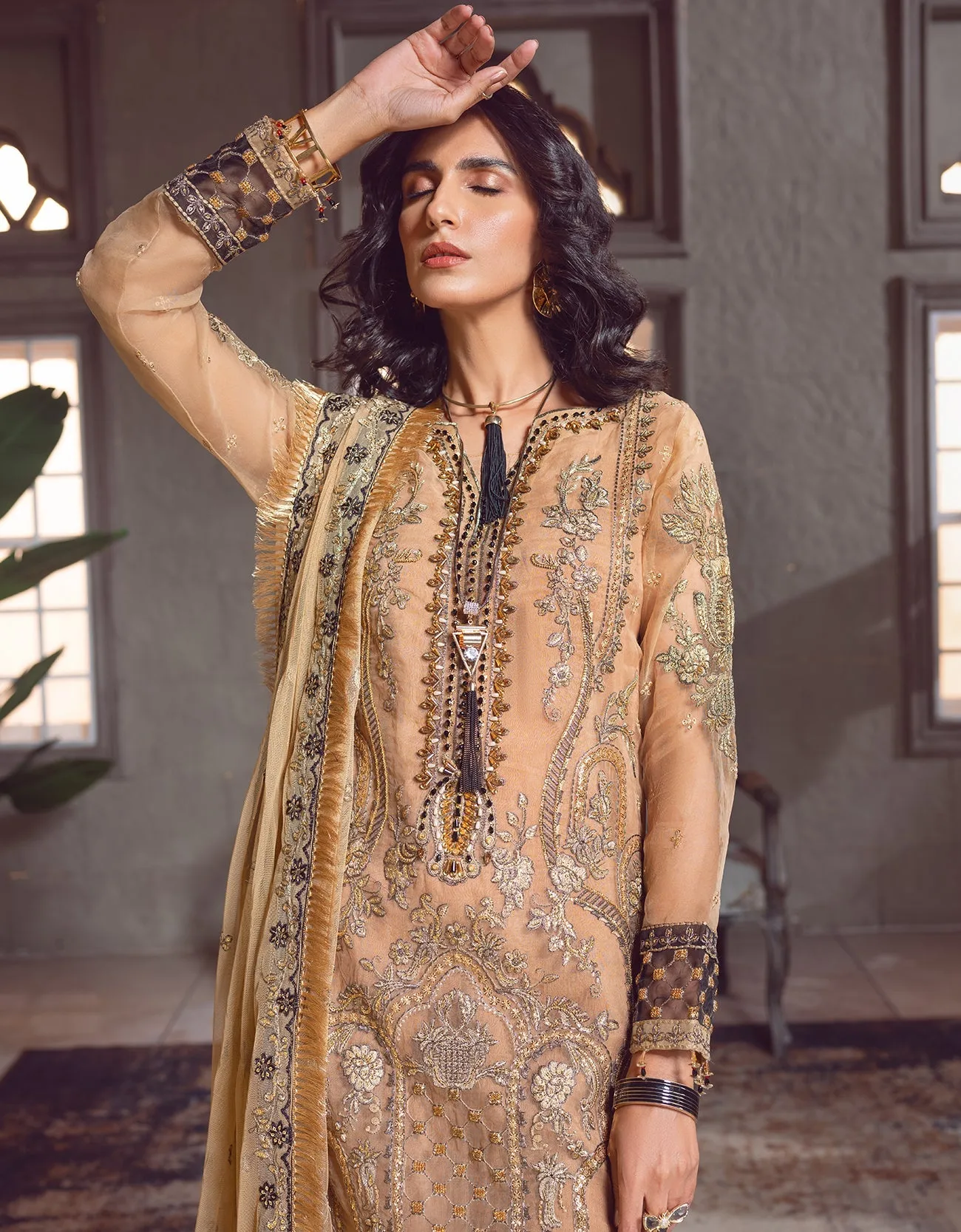 Gold Heavily Embellished Pakistani Salwar Kameez Suit with Dupatta