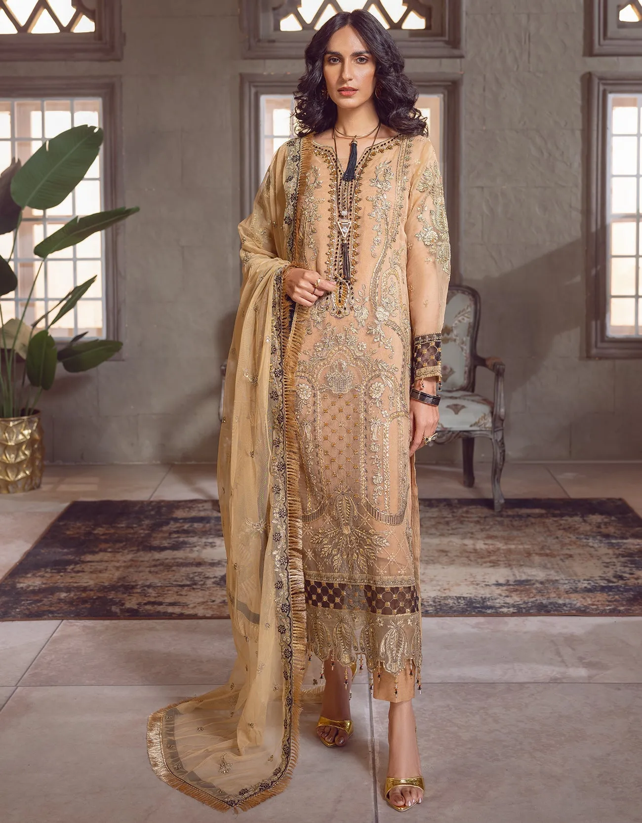 Gold Heavily Embellished Pakistani Salwar Kameez Suit with Dupatta