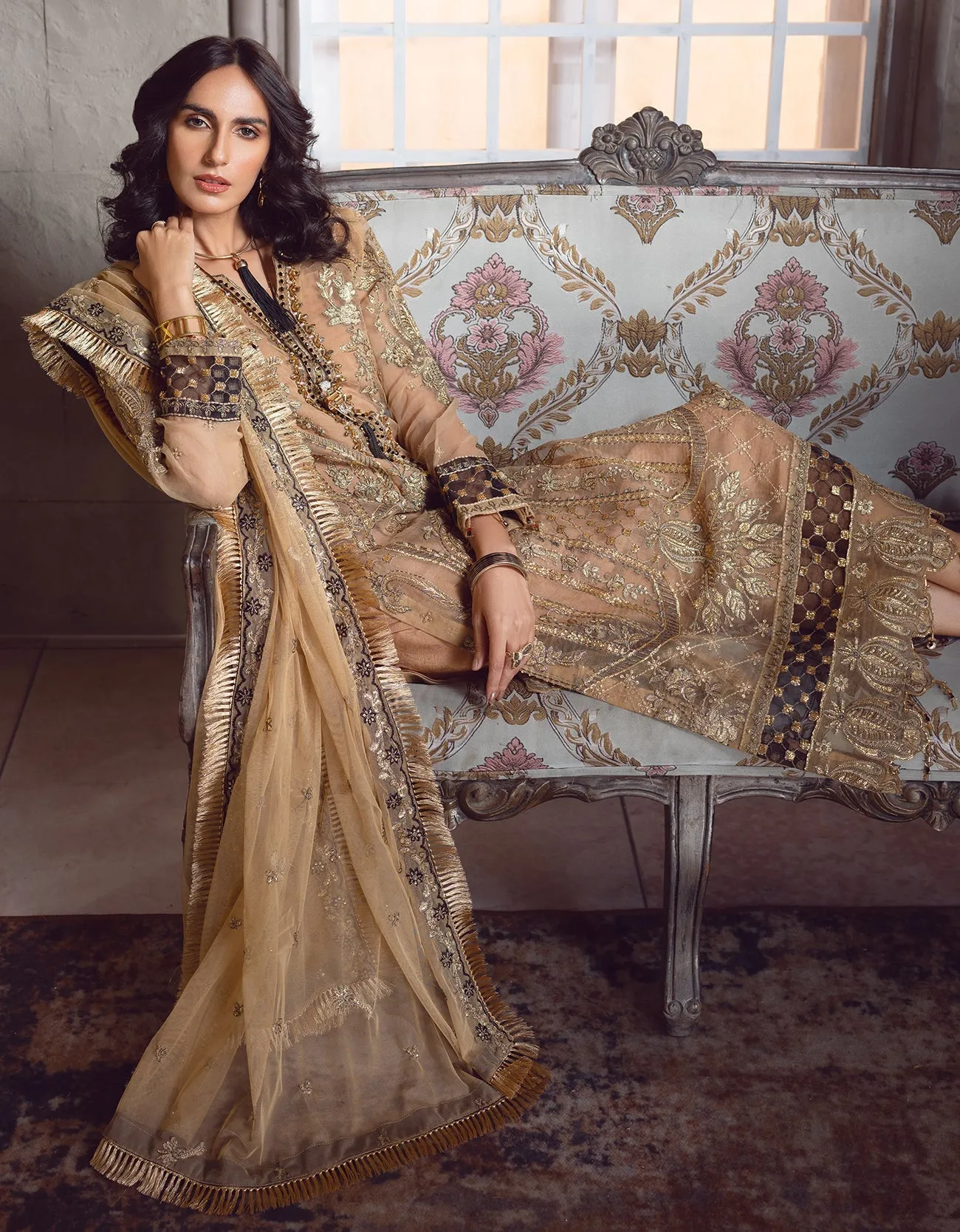 Gold Heavily Embellished Pakistani Salwar Kameez Suit with Dupatta