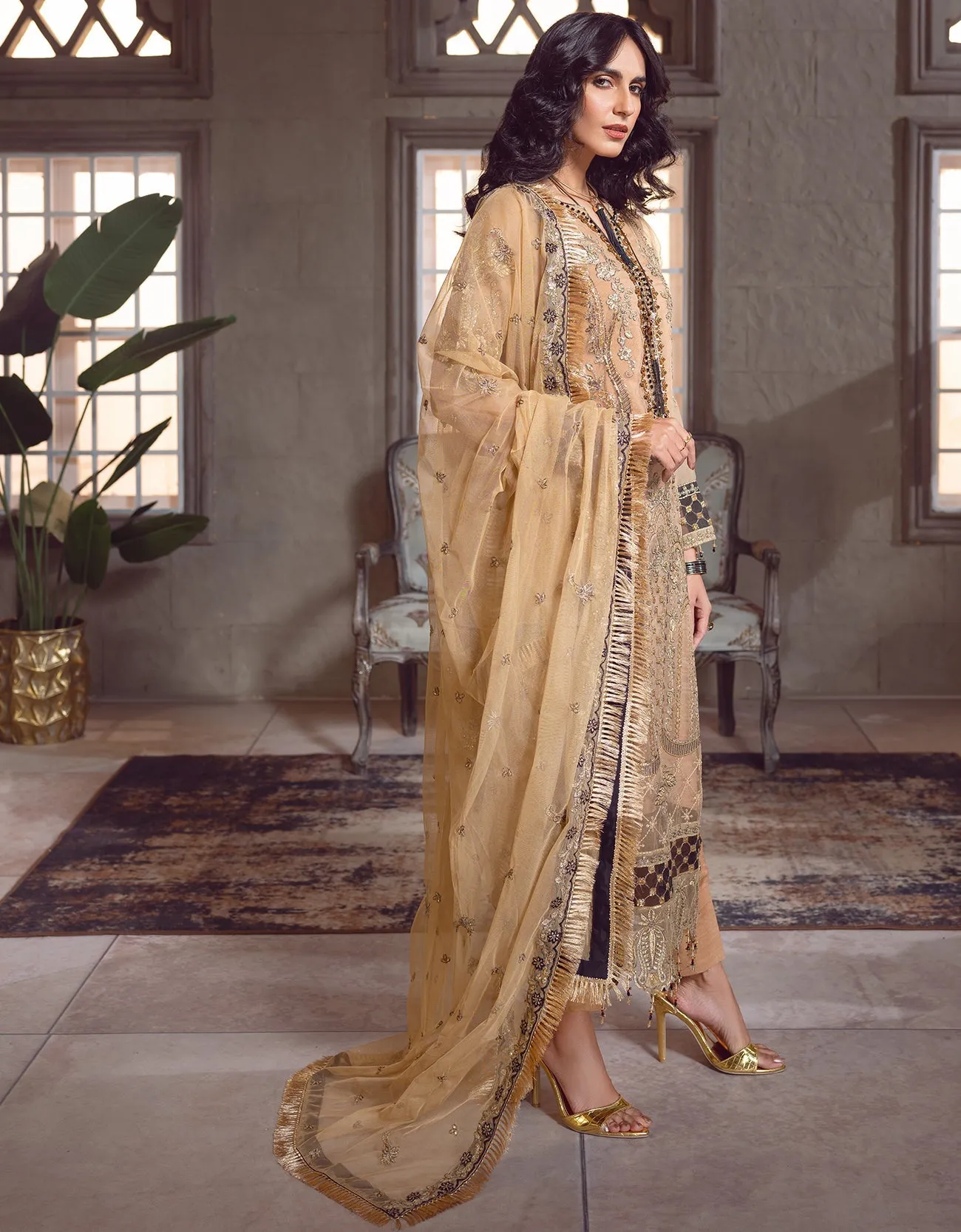Gold Heavily Embellished Pakistani Salwar Kameez Suit with Dupatta