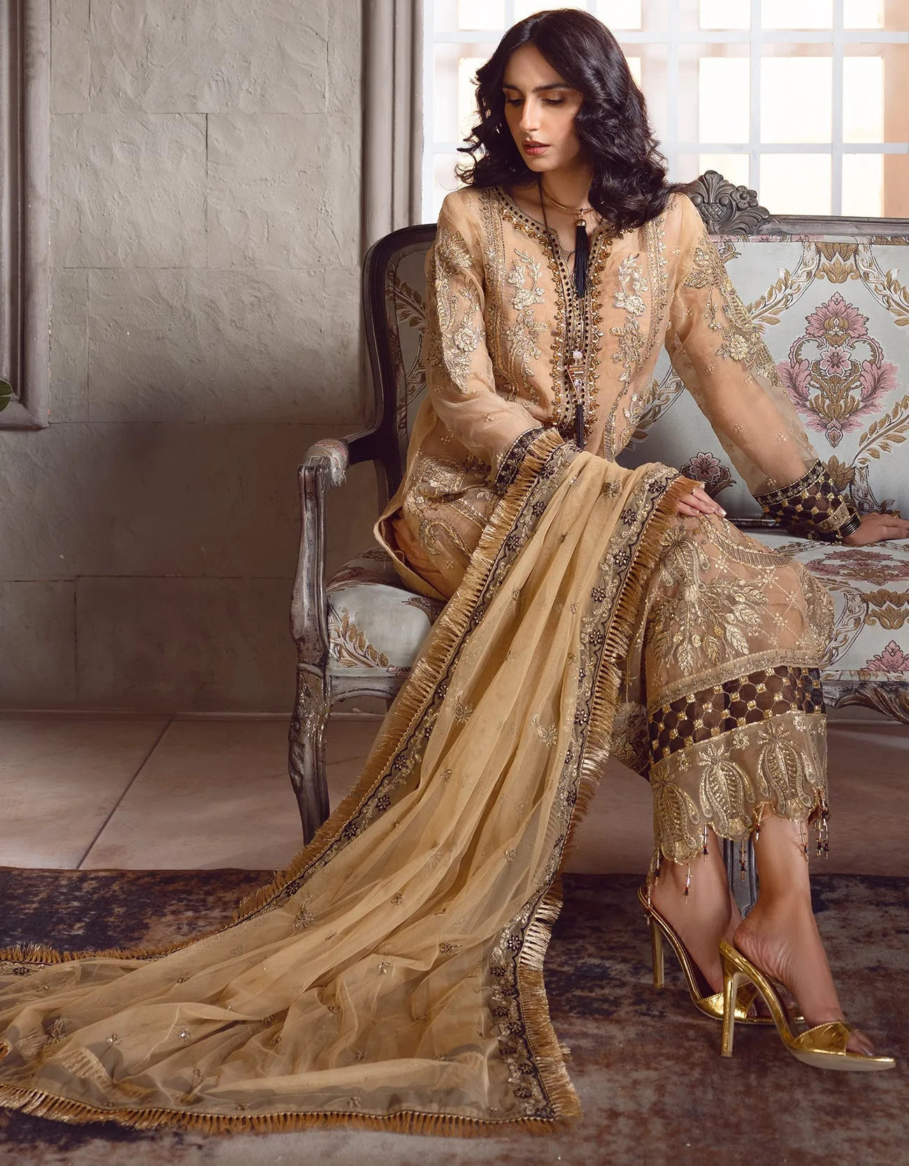 Gold Heavily Embellished Pakistani Salwar Kameez Suit with Dupatta