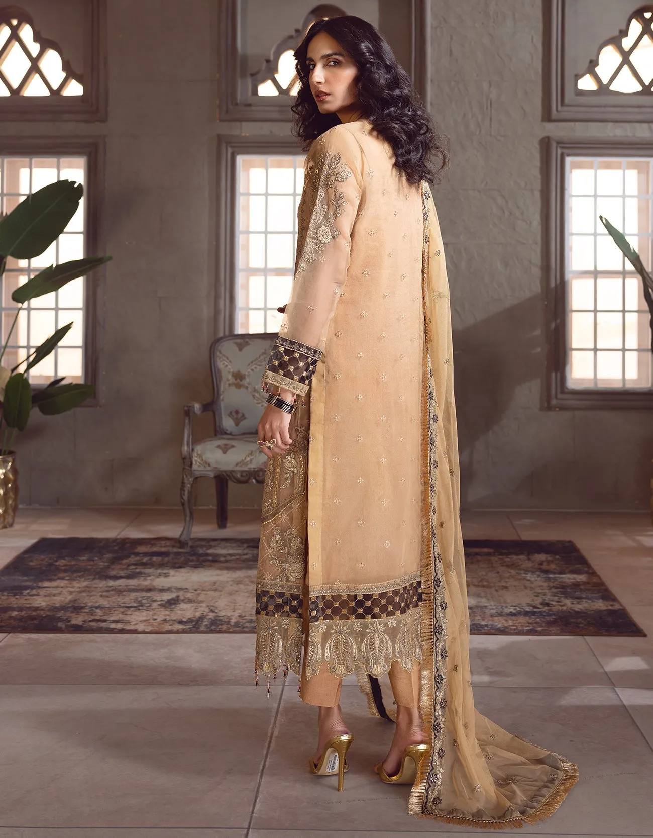 Gold Heavily Embellished Pakistani Salwar Kameez Suit with Dupatta