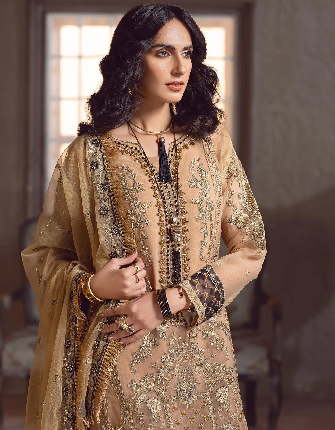 Gold Heavily Embellished Pakistani Salwar Kameez Suit with Dupatta