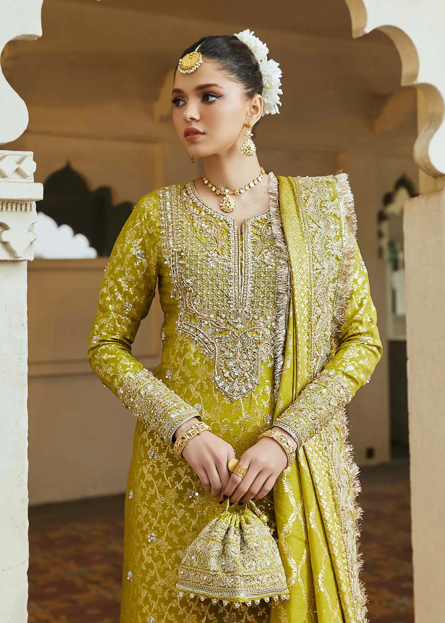 Green Pakistani Wedding Dress in Kameez Trousers Style