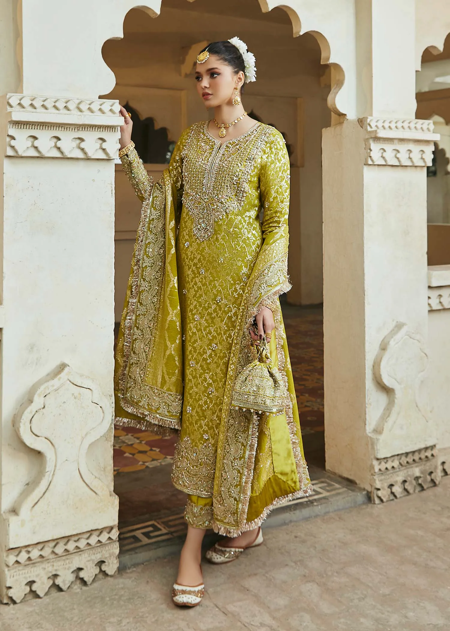 Green Pakistani Wedding Dress in Kameez Trousers Style