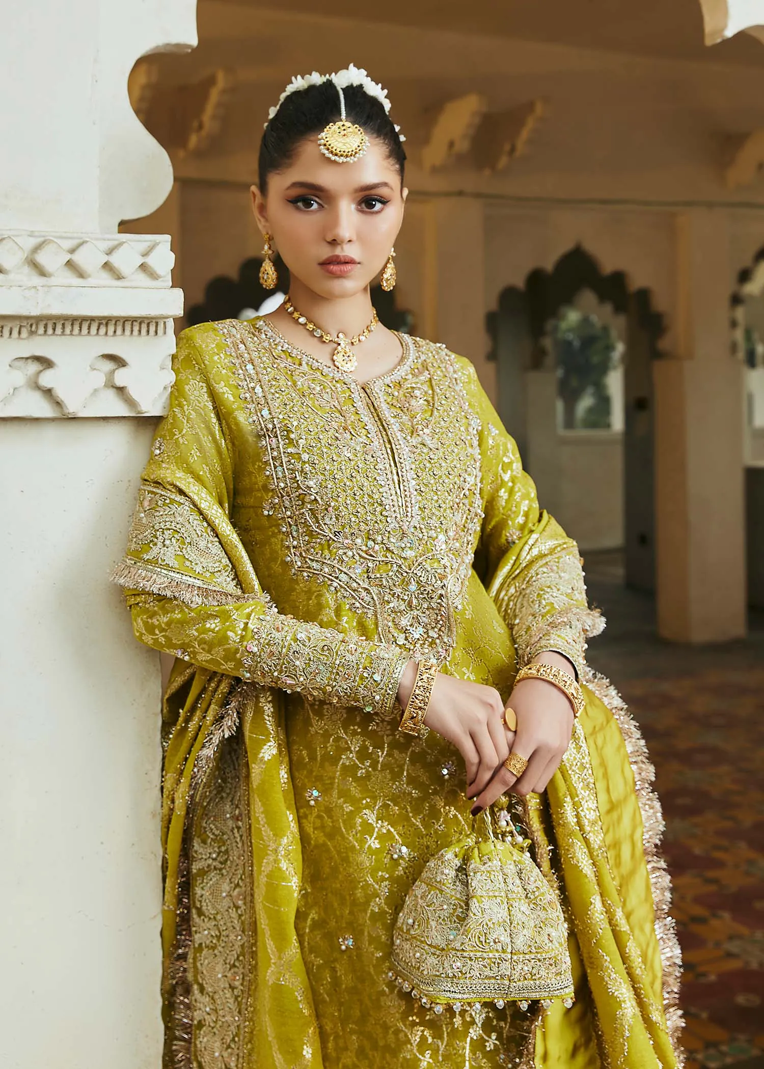 Green Pakistani Wedding Dress in Kameez Trousers Style