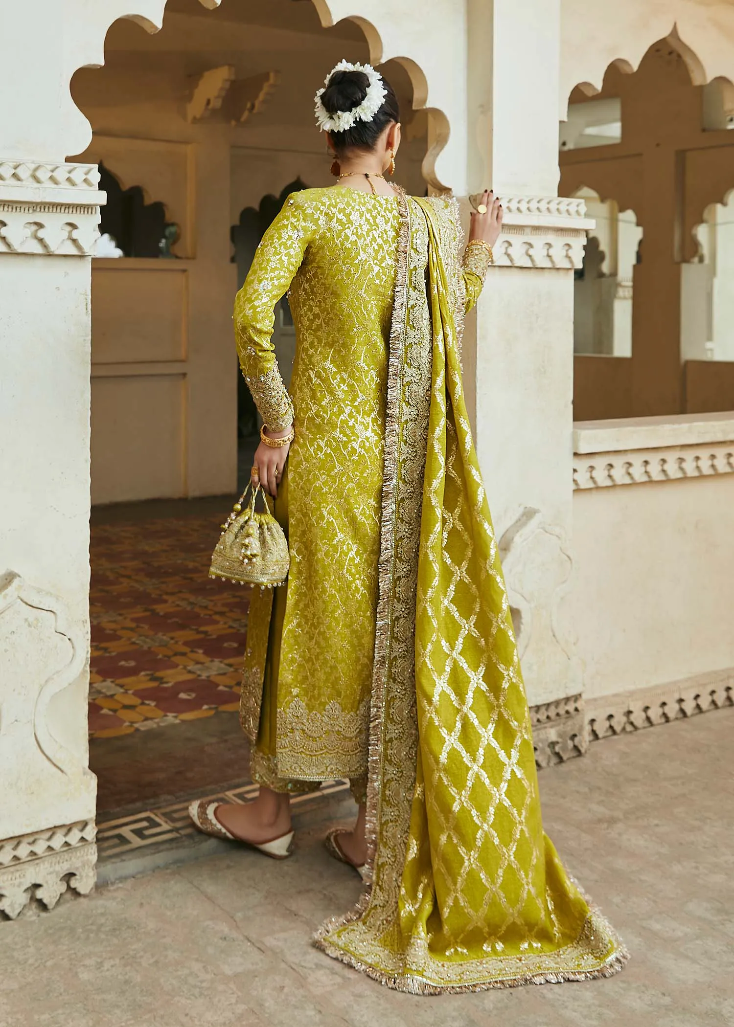Green Pakistani Wedding Dress in Kameez Trousers Style