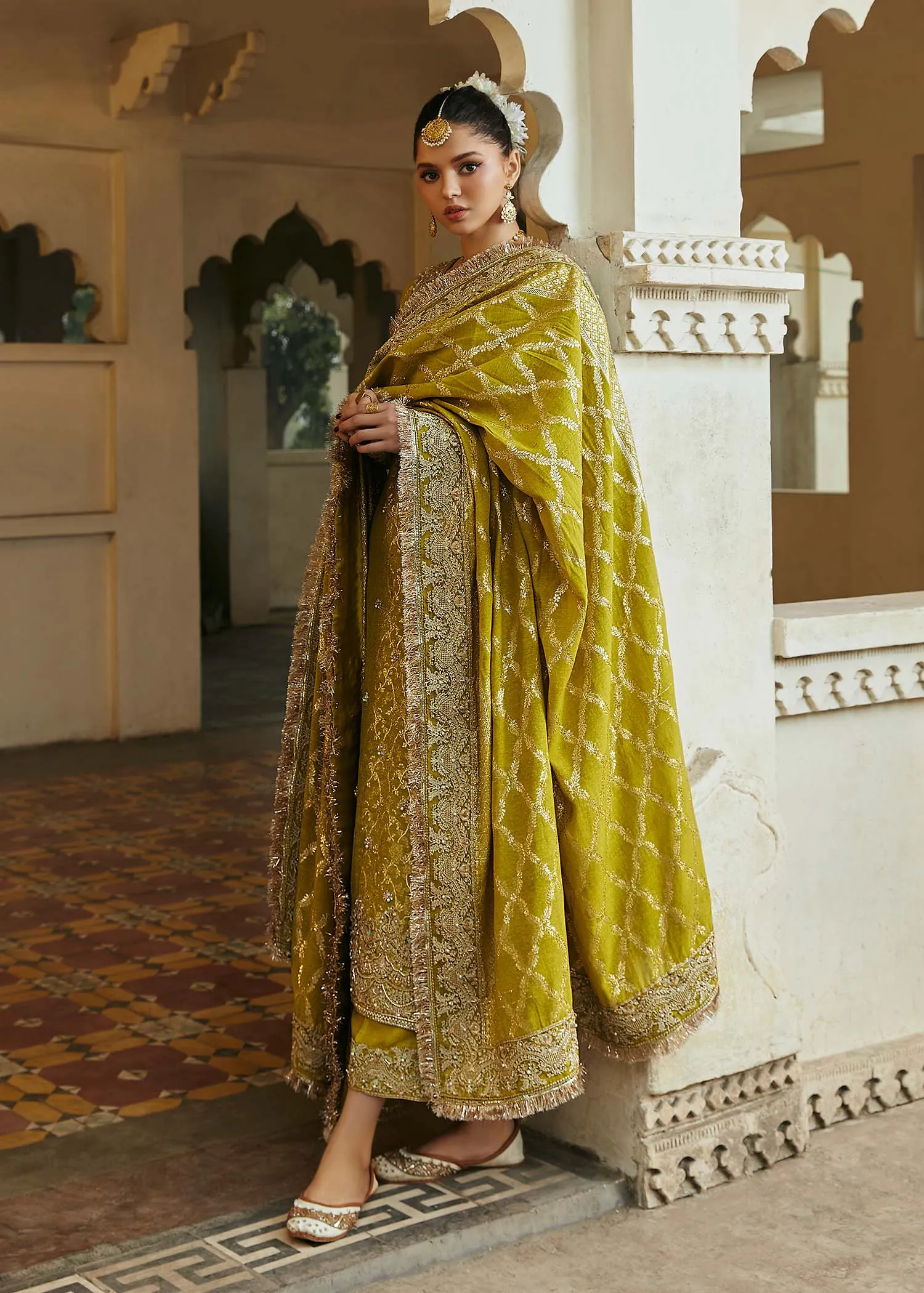 Green Pakistani Wedding Dress in Kameez Trousers Style