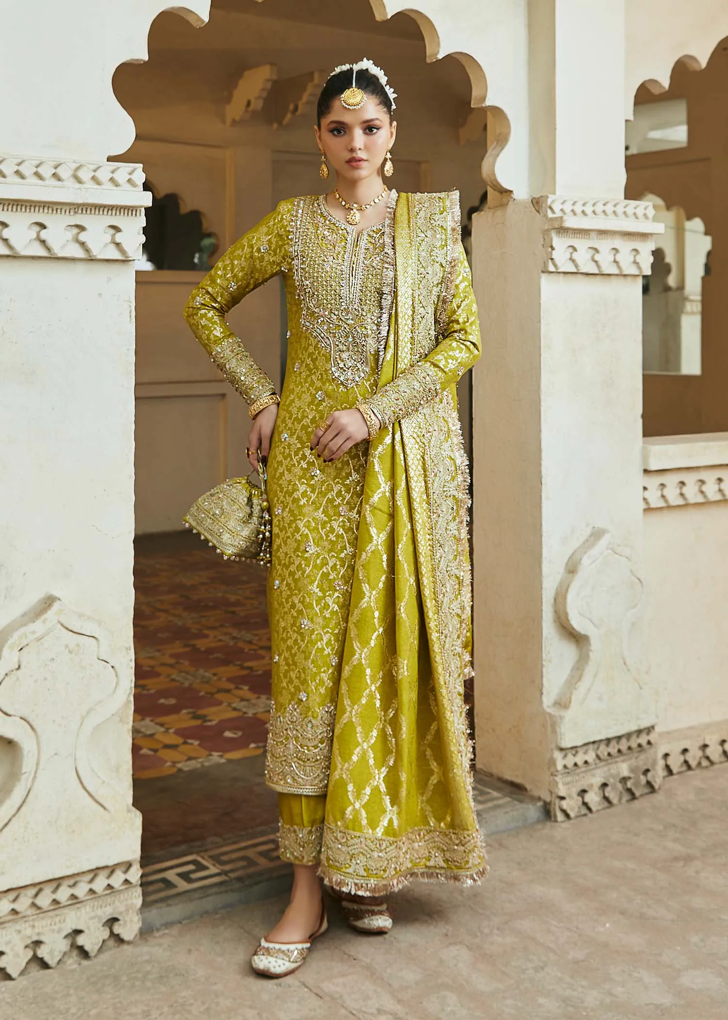 Green Pakistani Wedding Dress in Kameez Trousers Style
