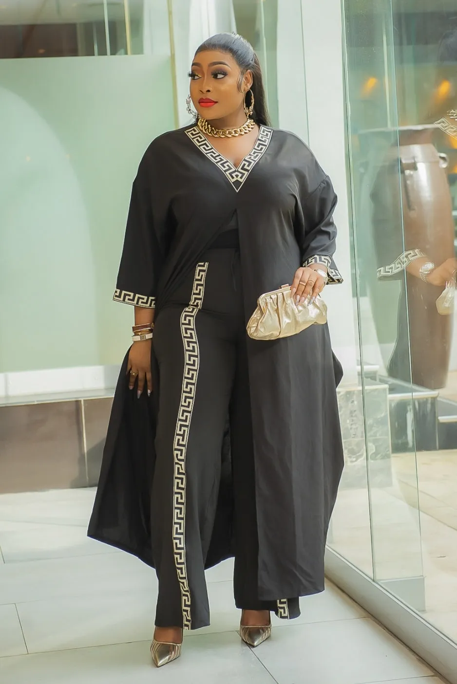 Groovy Chic Too- 2pc Button Embellished Kaftan/Pant SET (2 print design colors)