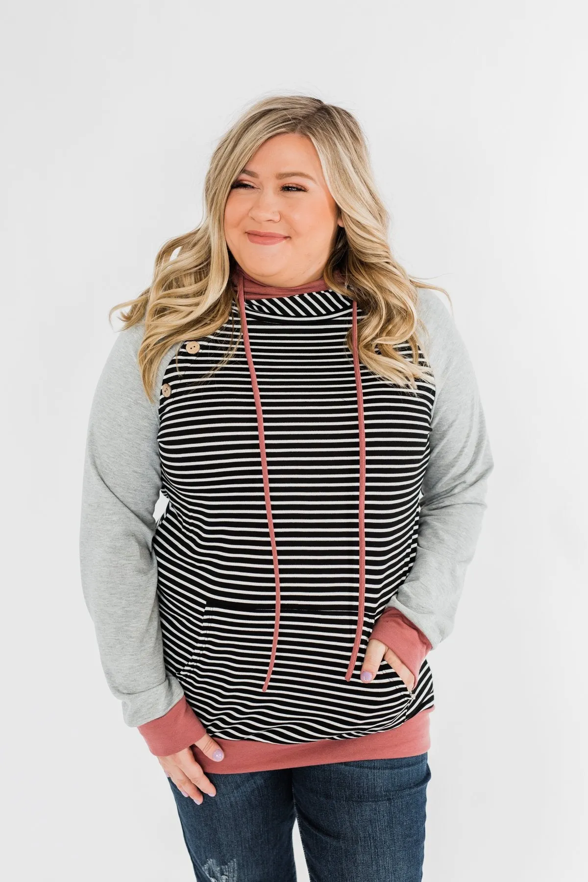 Hand In Hand Striped Double Hoodie- Grey & Mauve