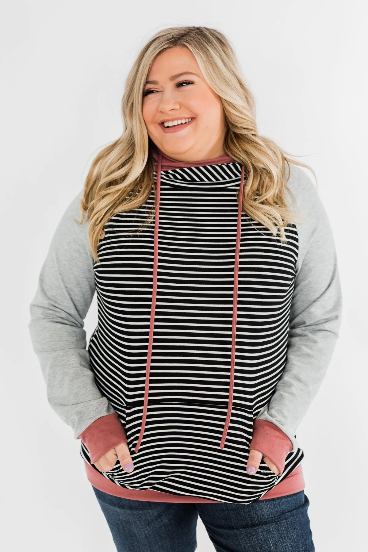 Hand In Hand Striped Double Hoodie- Grey & Mauve