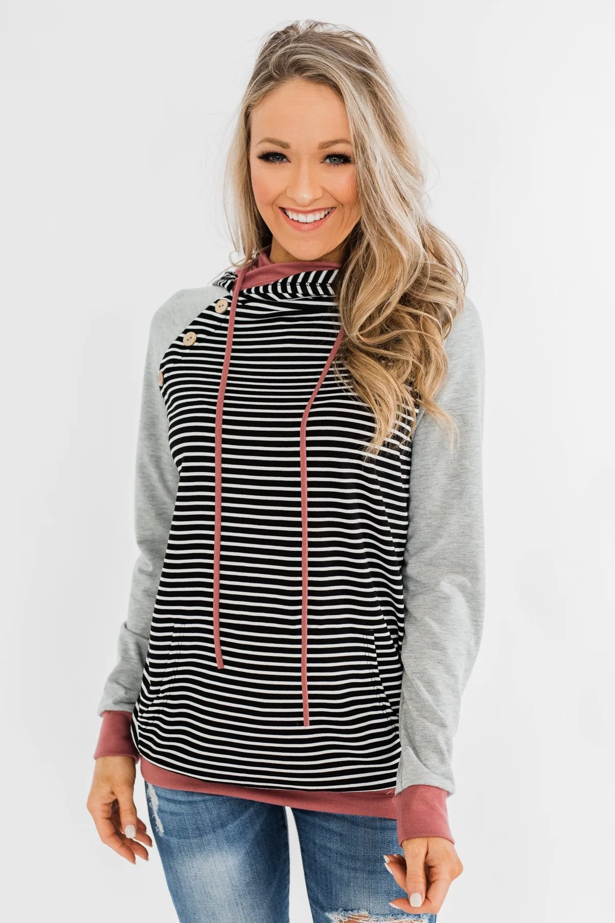 Hand In Hand Striped Double Hoodie- Grey & Mauve