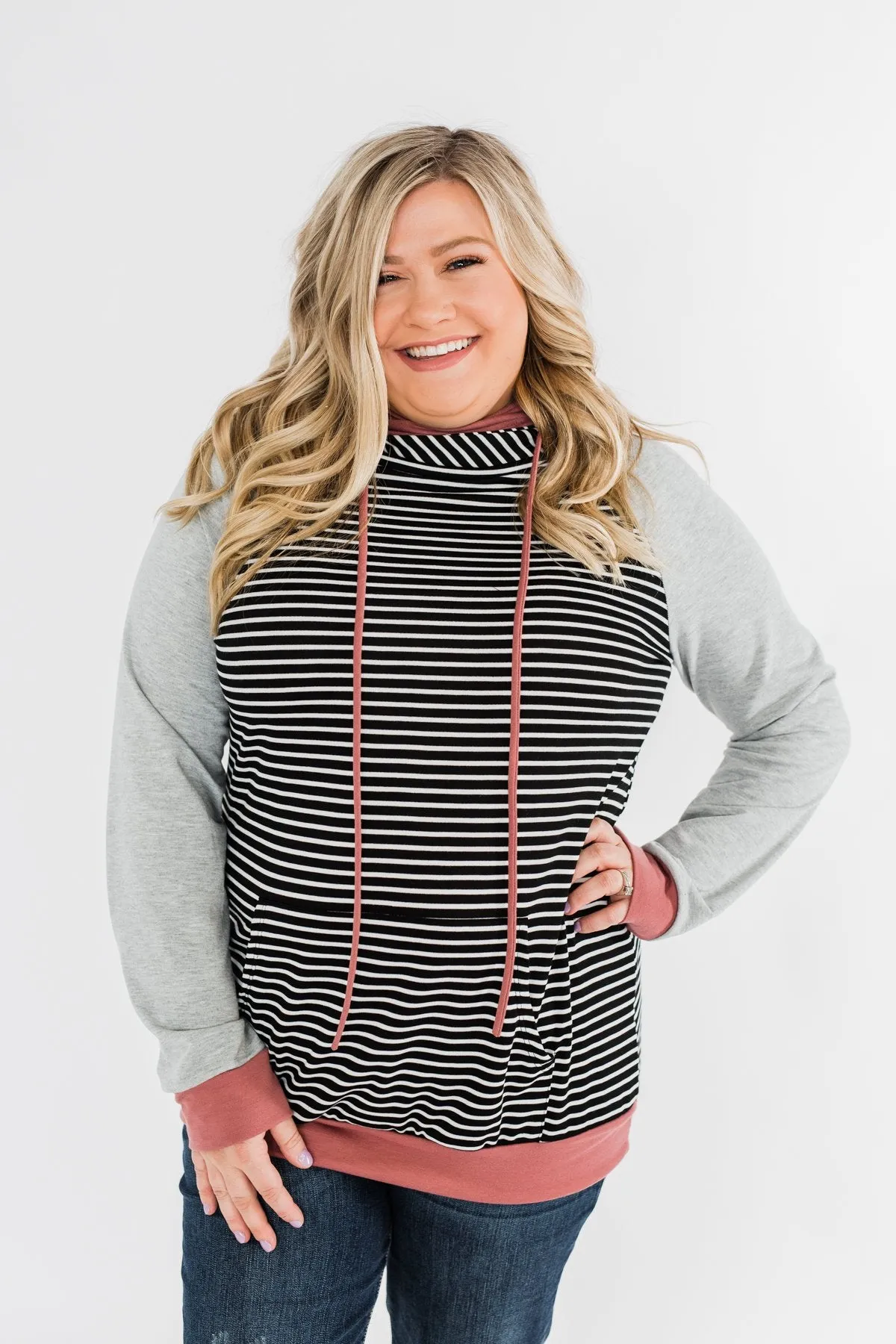 Hand In Hand Striped Double Hoodie- Grey & Mauve