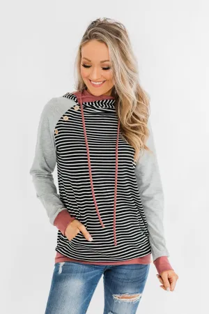 Hand In Hand Striped Double Hoodie- Grey & Mauve