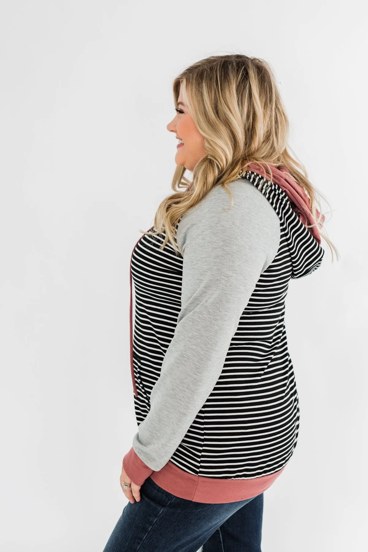 Hand In Hand Striped Double Hoodie- Grey & Mauve