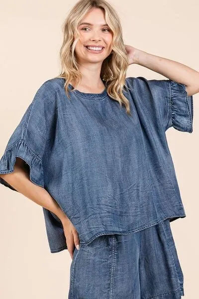 Hazel Blues® |  Mittoshop Washed Round Neck Flounce Sleeve Blouse