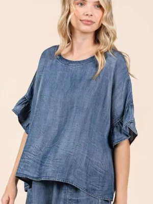 Hazel Blues® |  Mittoshop Washed Round Neck Flounce Sleeve Blouse