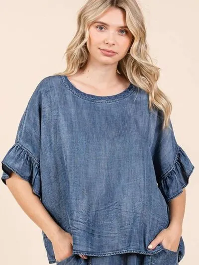 Hazel Blues® |  Mittoshop Washed Round Neck Flounce Sleeve Blouse