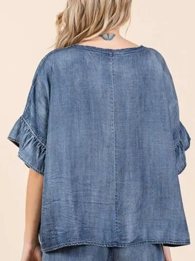 Hazel Blues® |  Mittoshop Washed Round Neck Flounce Sleeve Blouse