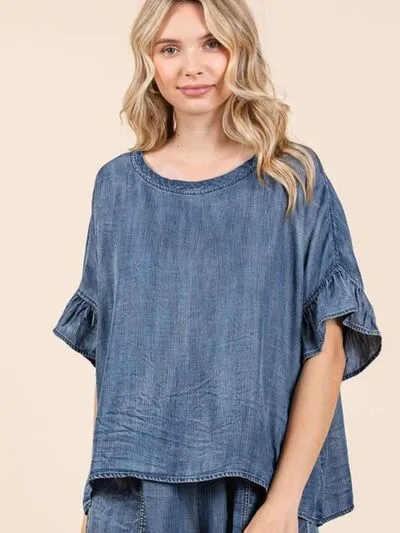 Hazel Blues® |  Mittoshop Washed Round Neck Flounce Sleeve Blouse
