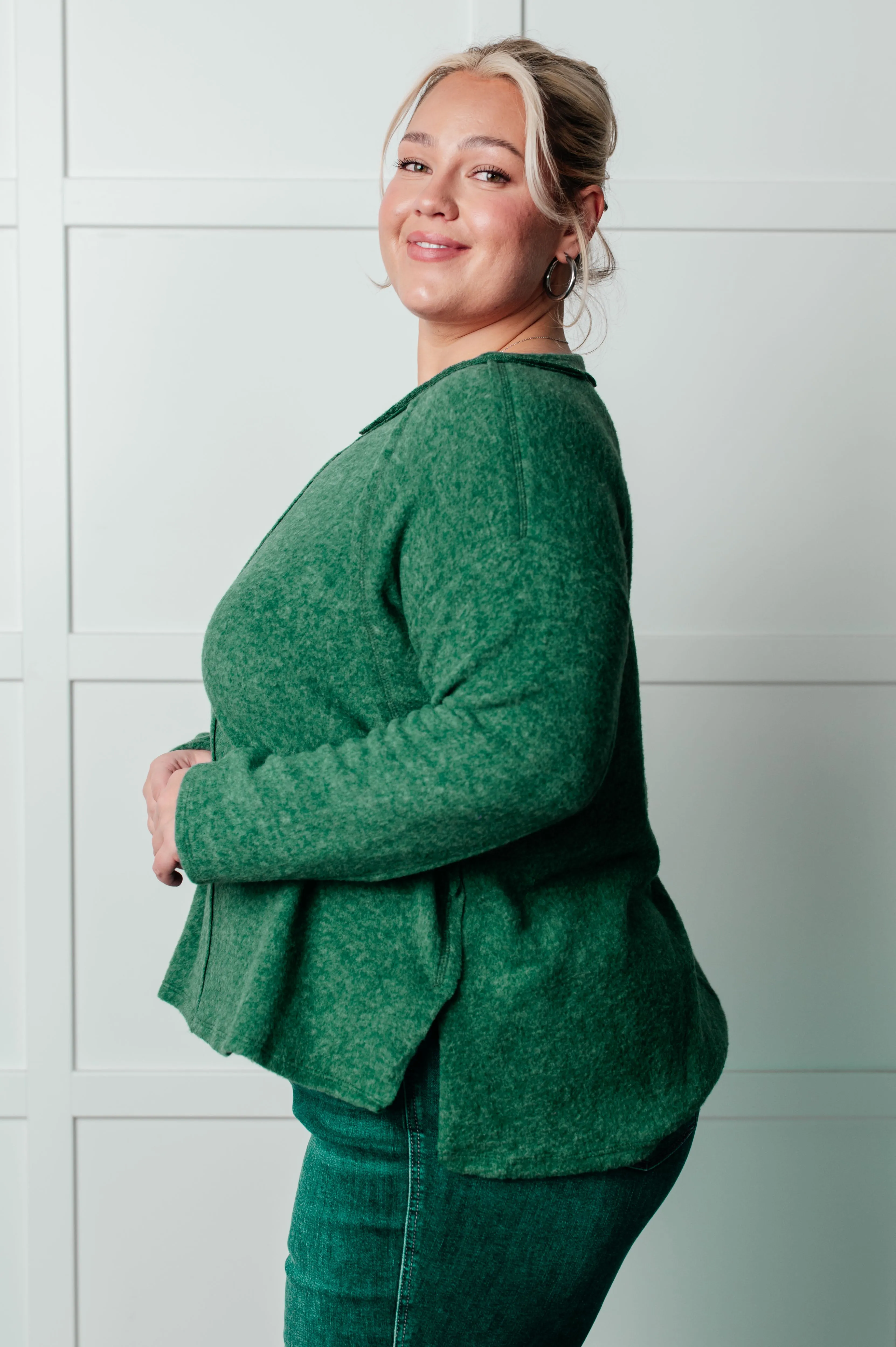 Hazel Blues® |  Simple Silhouette Brushed Hacci Sweater in Dark Green