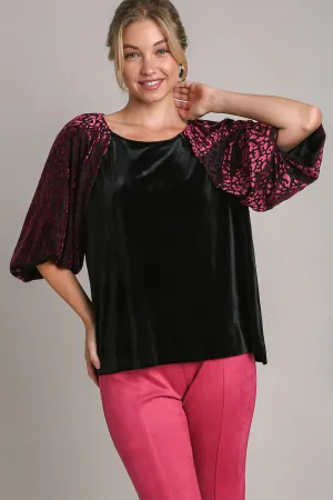 Hazel Blues® |  Umgee Round Neck Leopard Balloon Sleeve Velvet Top