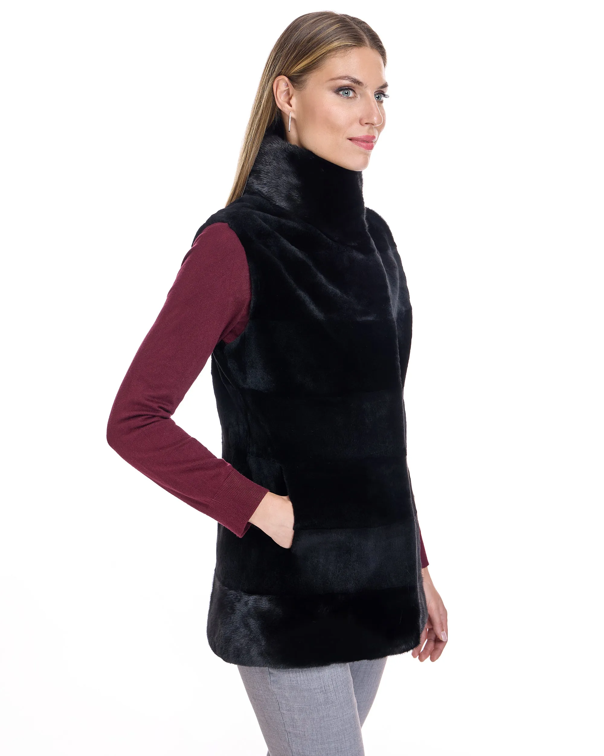 Horizontal Sheared Mink Vest with long hair trim