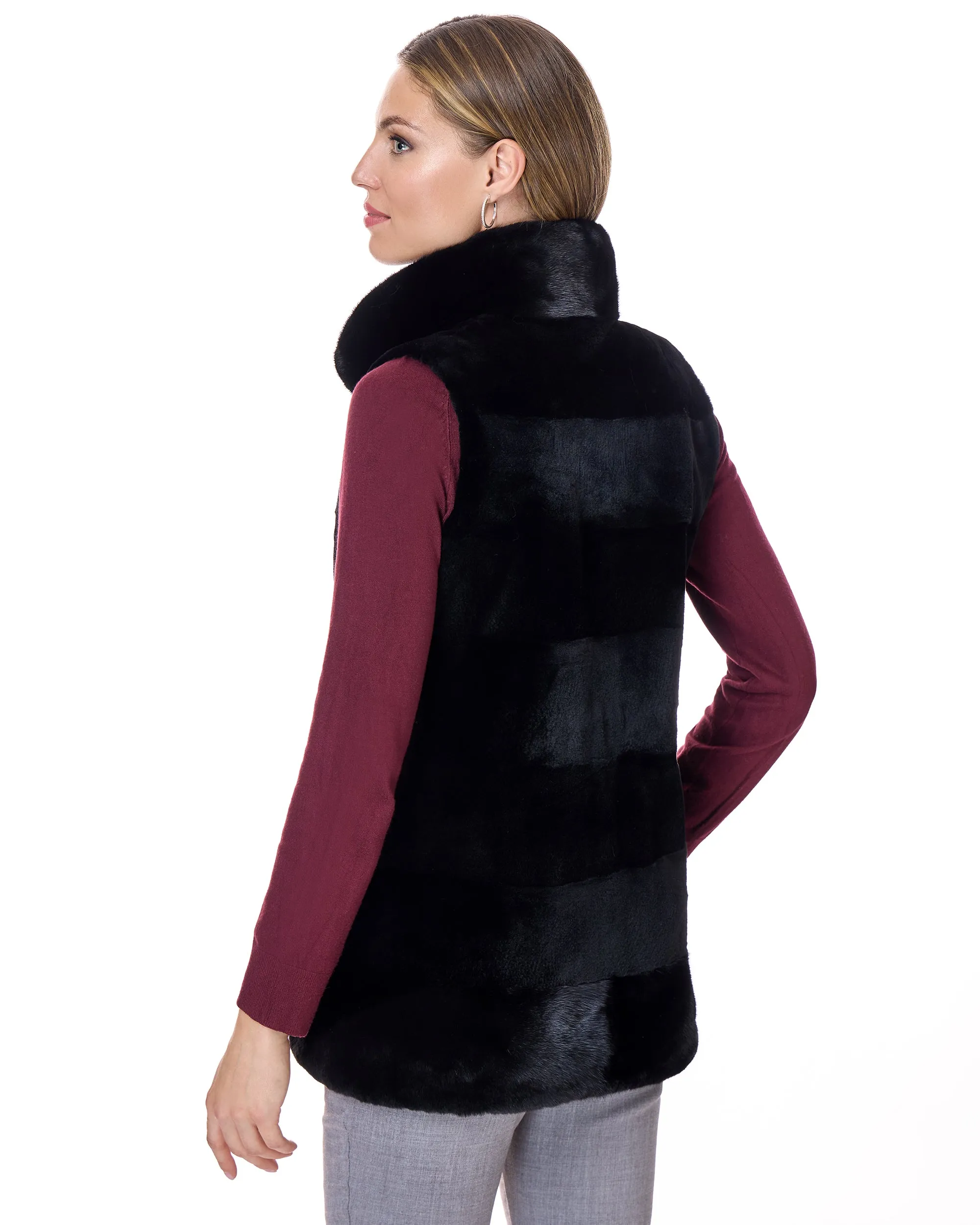 Horizontal Sheared Mink Vest with long hair trim