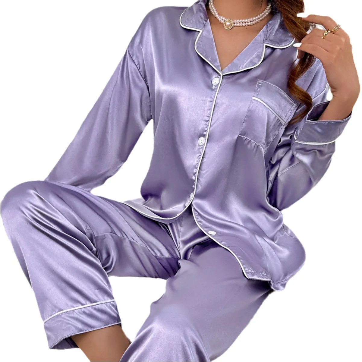 Imitated Silk Pajamas Lapel Cardigan Long Sleeve Pants Homewear Suit