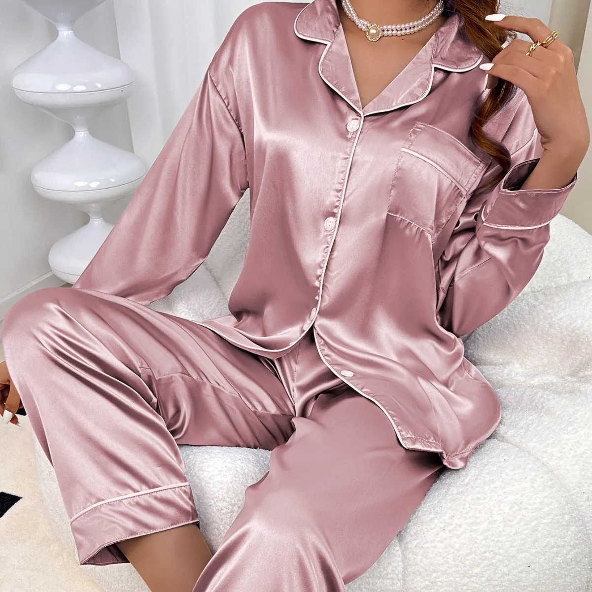 Imitated Silk Pajamas Lapel Cardigan Long Sleeve Pants Homewear Suit
