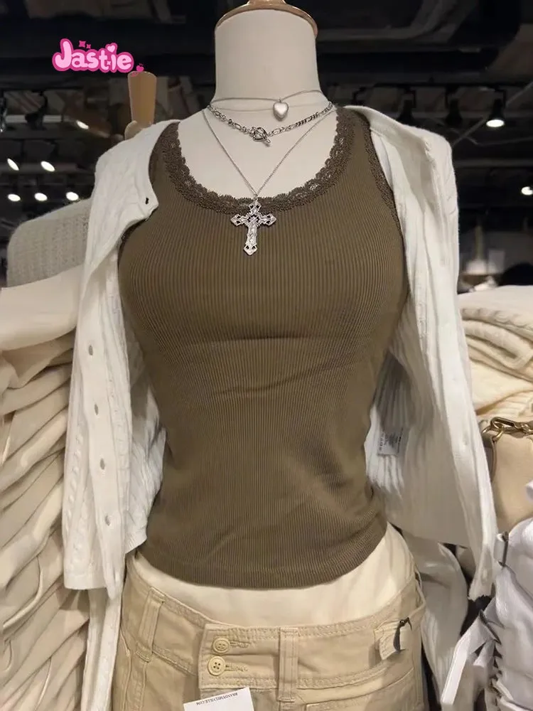JazzHer Brown Ribbed Lace Trim Tank Tops Women Vintage Solid Cute Slim Crop Top Y2k Clothes Summer U Neck Cotton Sleeveless Vests 2025