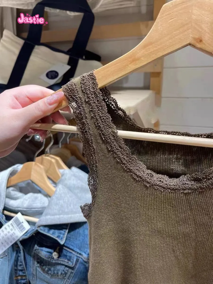JazzHer Brown Ribbed Lace Trim Tank Tops Women Vintage Solid Cute Slim Crop Top Y2k Clothes Summer U Neck Cotton Sleeveless Vests 2025