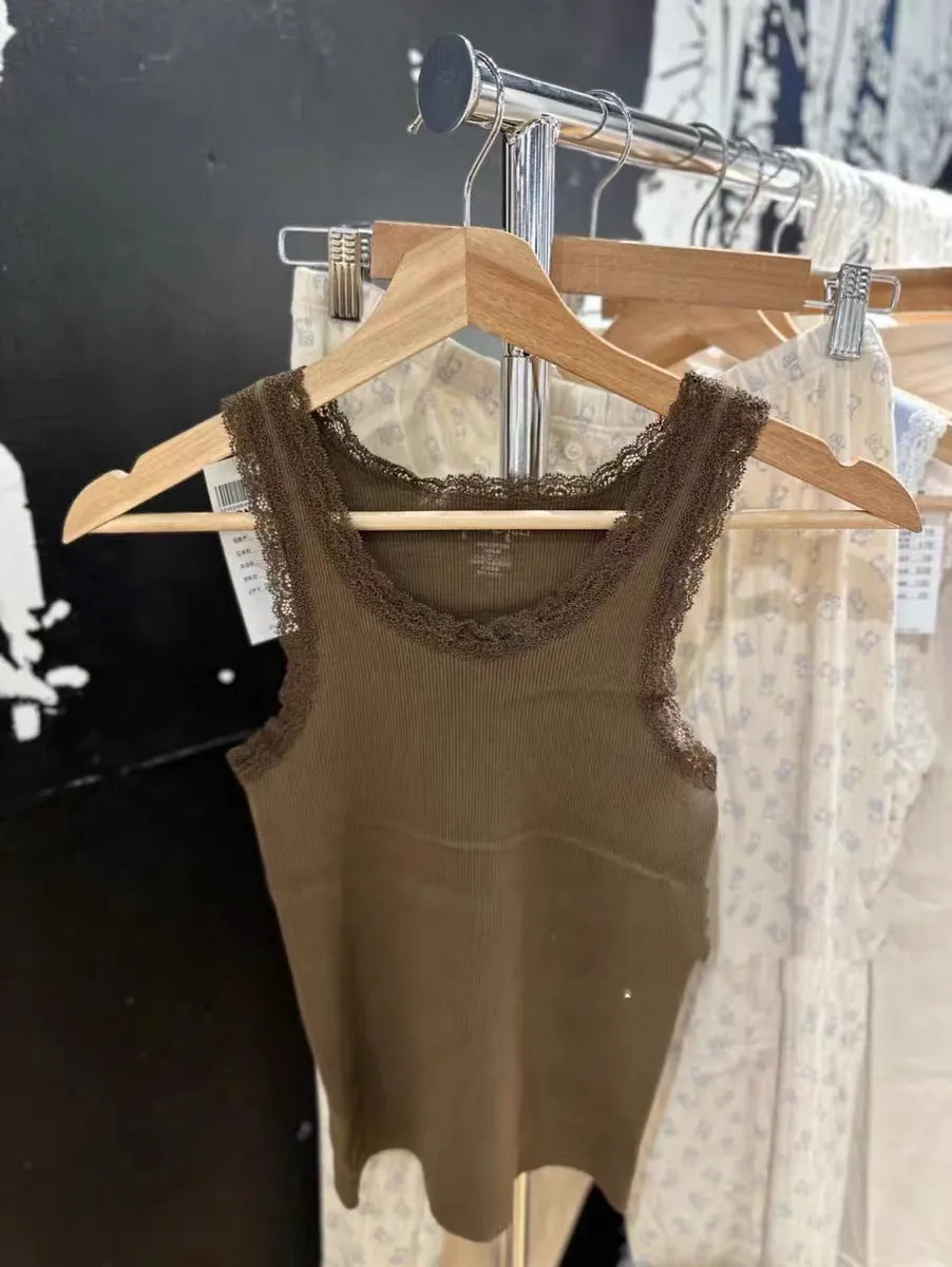 JazzHer Brown Ribbed Lace Trim Tank Tops Women Vintage Solid Cute Slim Crop Top Y2k Clothes Summer U Neck Cotton Sleeveless Vests 2025