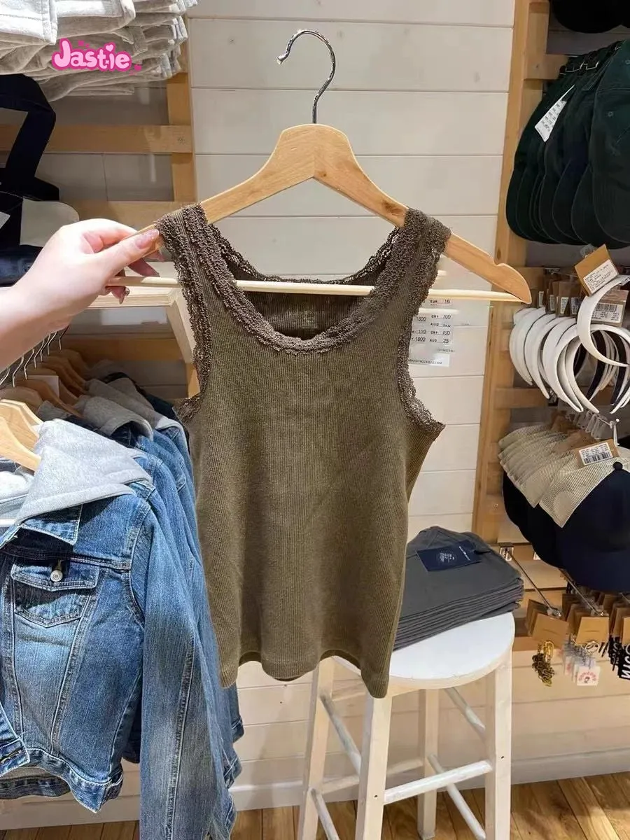 JazzHer Brown Ribbed Lace Trim Tank Tops Women Vintage Solid Cute Slim Crop Top Y2k Clothes Summer U Neck Cotton Sleeveless Vests 2025