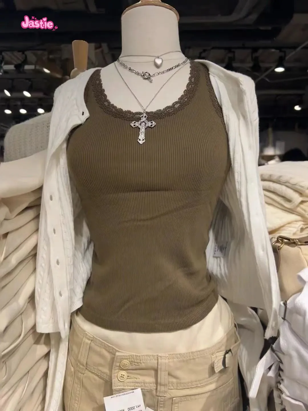 JazzHer Brown Ribbed Lace Trim Tank Tops Women Vintage Solid Cute Slim Crop Top Y2k Clothes Summer U Neck Cotton Sleeveless Vests 2025
