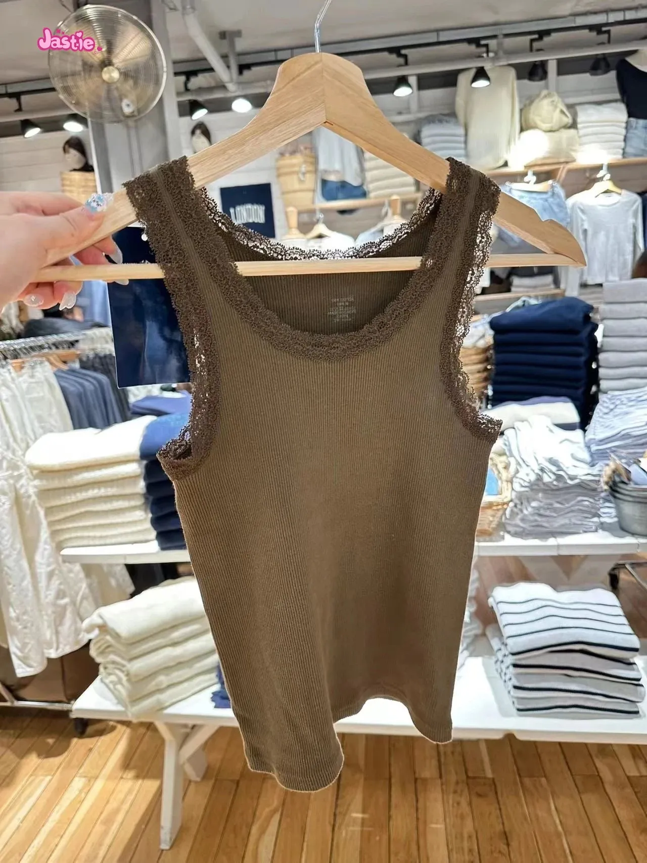 JazzHer Brown Ribbed Lace Trim Tank Tops Women Vintage Solid Cute Slim Crop Top Y2k Clothes Summer U Neck Cotton Sleeveless Vests 2025