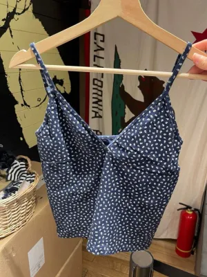 JazzHer Floral Girls Camis Vests Sweet Slim Women Vest V Neck Crop Top Vintage Cute Summer Tank Navy Blue Preppy Style Casual Cotton Top