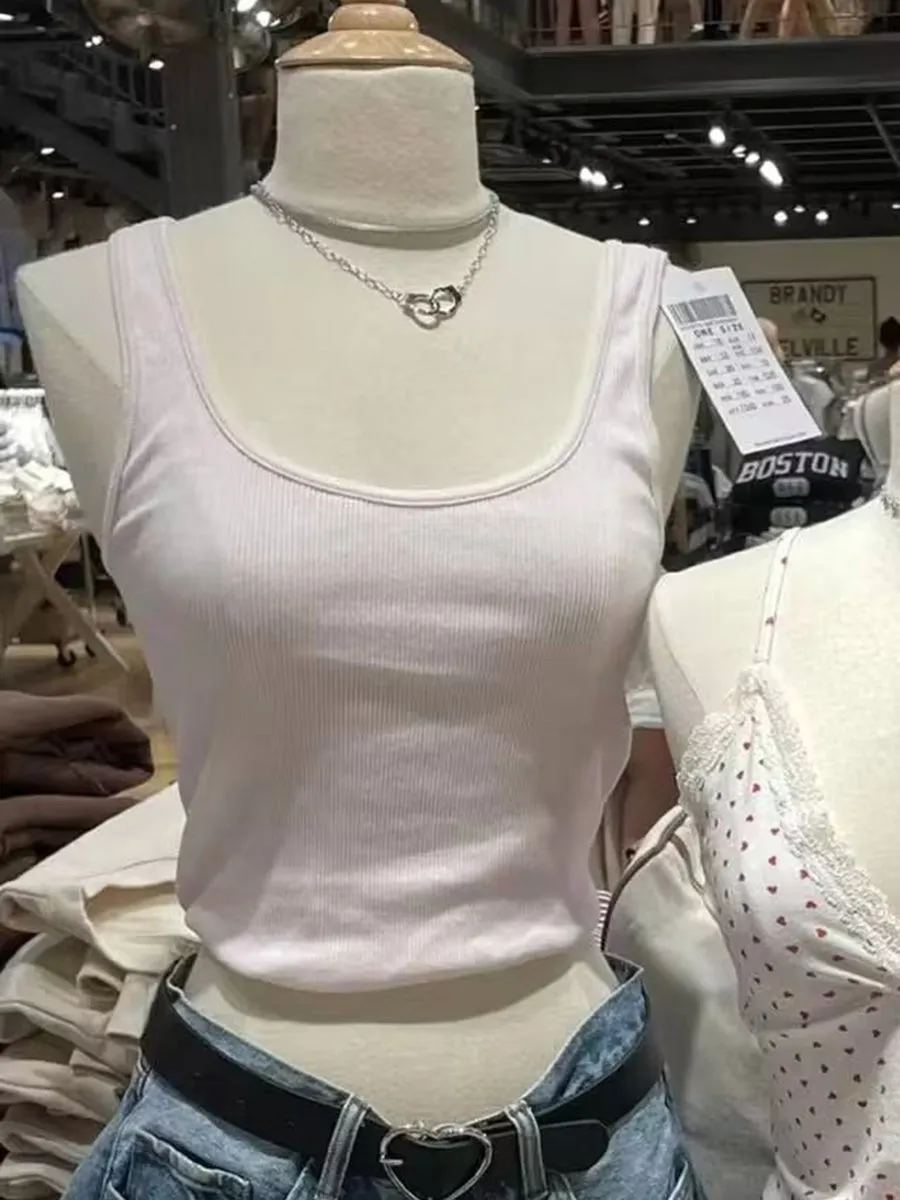JazzHer Vintage Pink U Neck Tank Tops 2025 Summer Retro Casual Sweet Sleeveless Solid Vests Female Simple Ribbed Cotton Crop Top