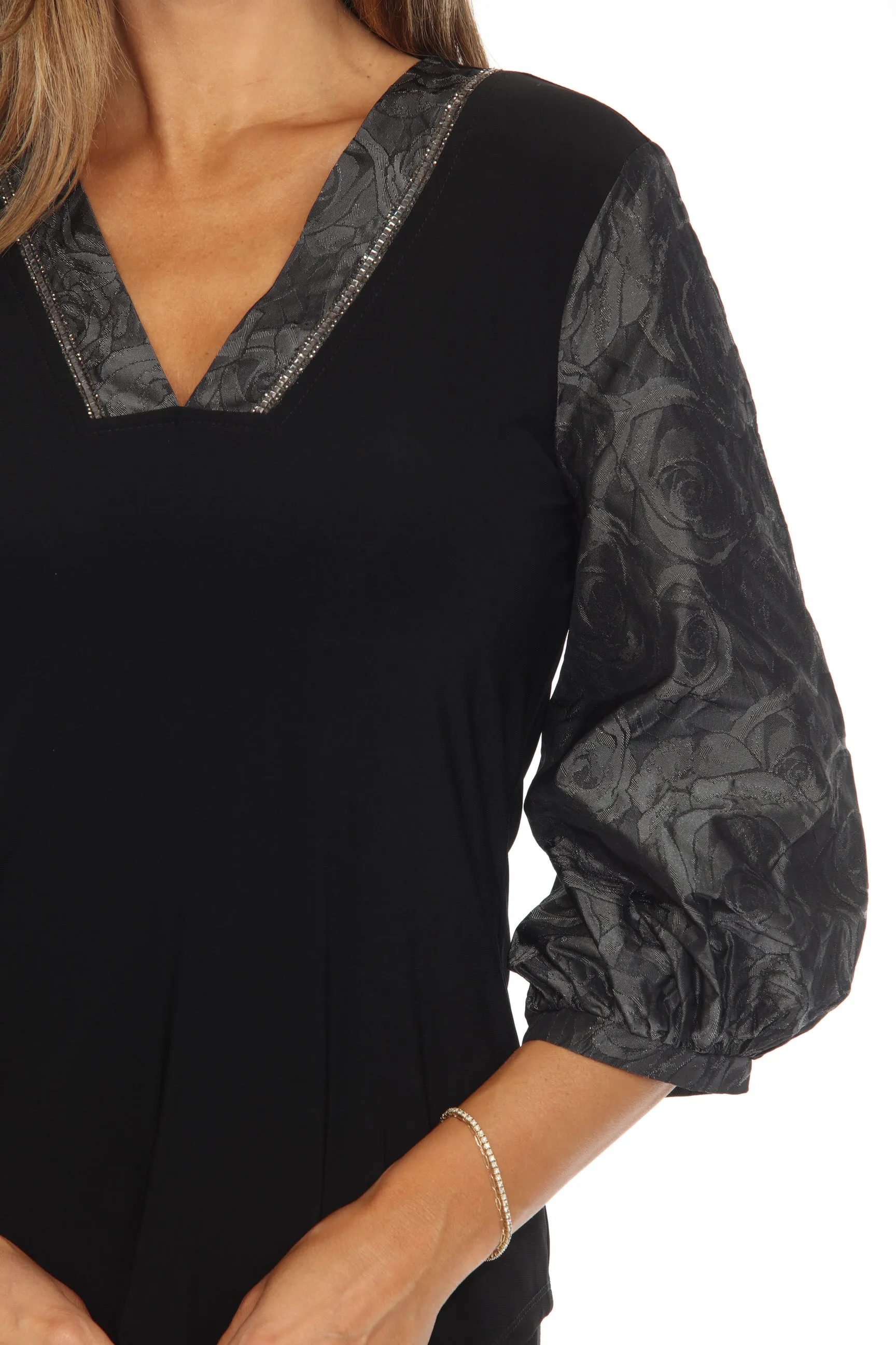 Joseph Ribkoff Black/Grey Embellished V-Neck Puff Sleeve Top 243276