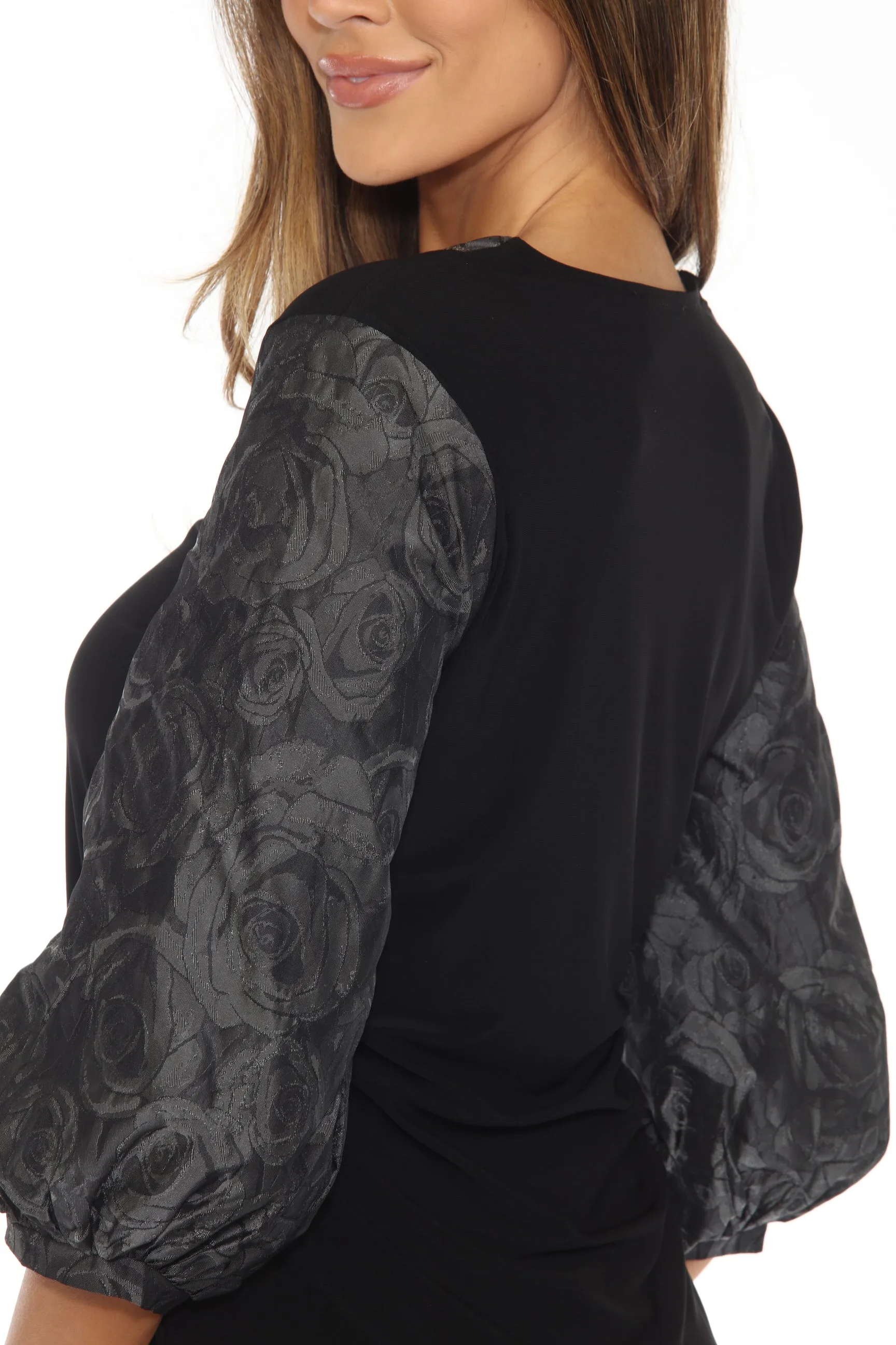 Joseph Ribkoff Black/Grey Embellished V-Neck Puff Sleeve Top 243276