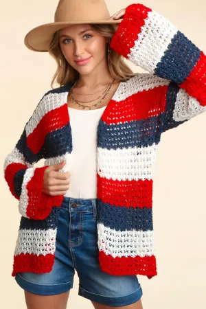 July 4 Red White Blue Open Front Long Sleeve Stripe Cardigan