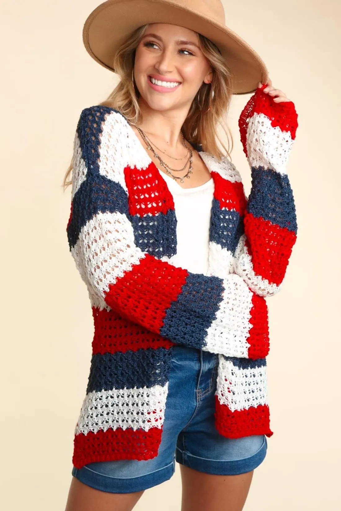 July 4 Red White Blue Open Front Long Sleeve Stripe Cardigan
