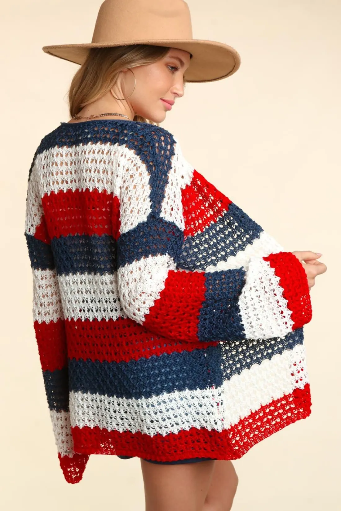 July 4 Red White Blue Open Front Long Sleeve Stripe Cardigan